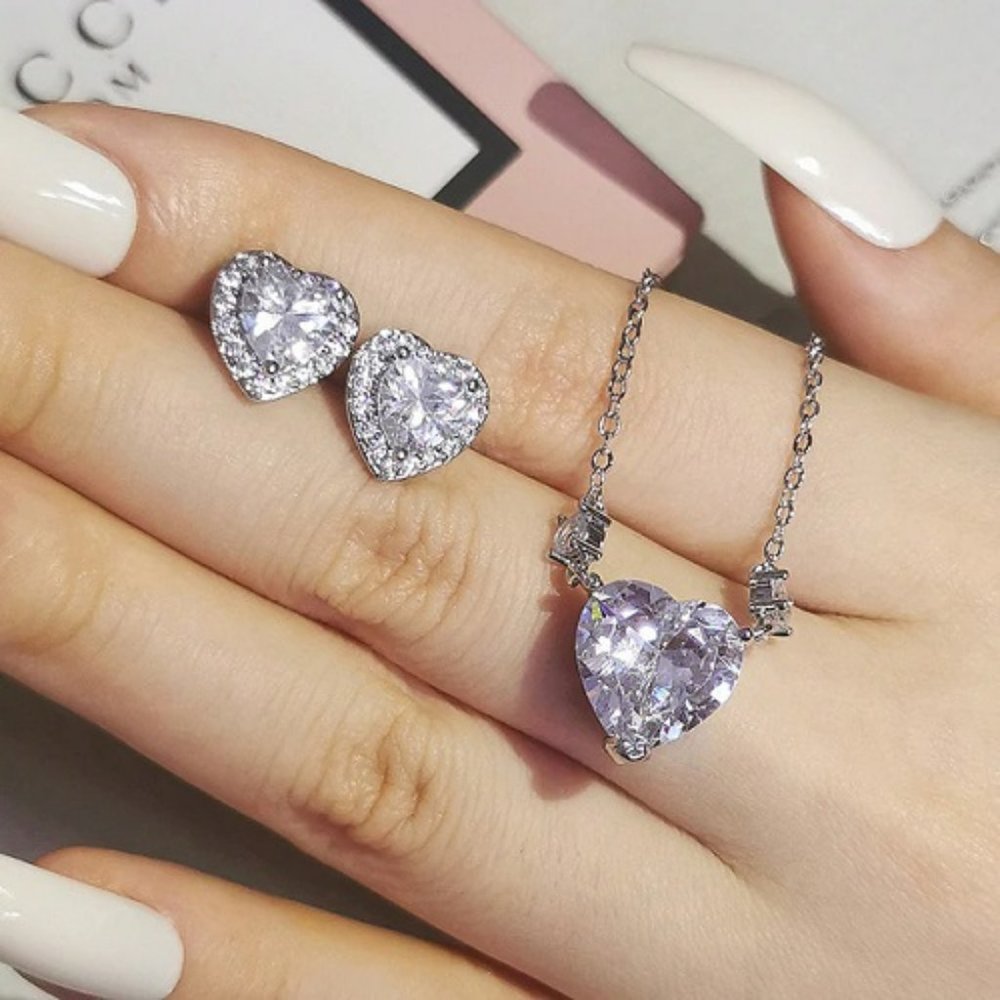 Sterling Silver (S925) Heart Stud Earrings & Matching Necklace